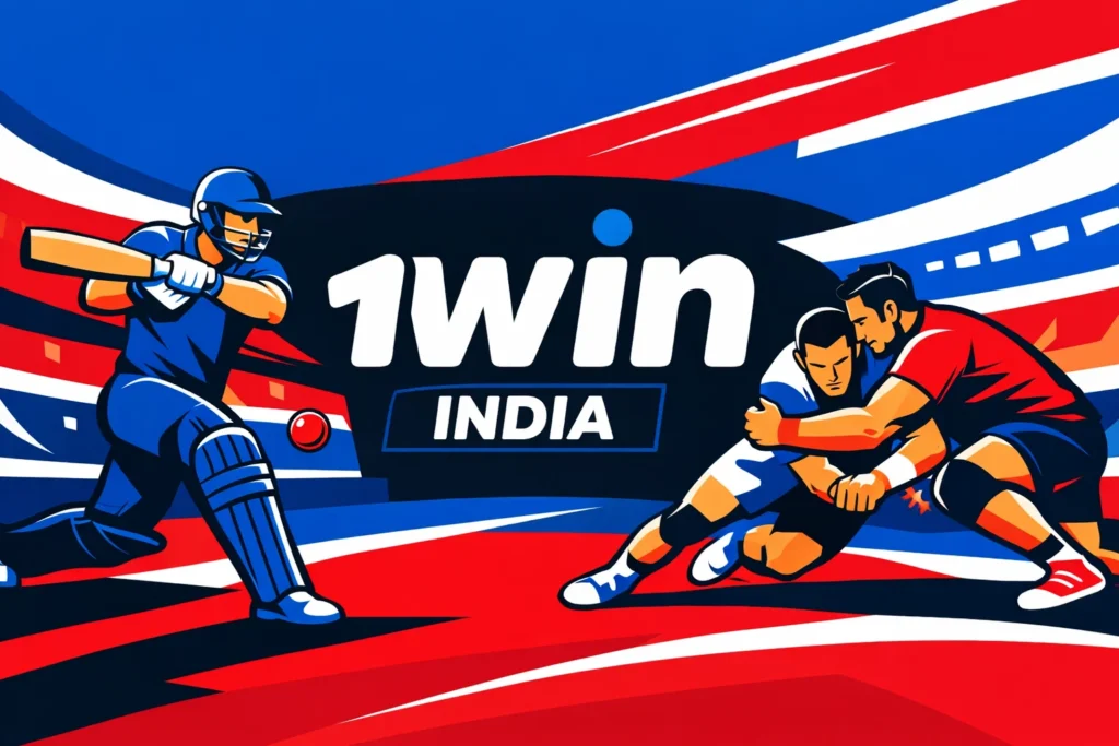 Vibrant promotional illustration for 1win India featuring a blue-uniformed cricketer batting on the left, two wrestlers in a grapple on the right, with the prominent 1win India logo in the center against a dynamic red, white, and blue striped background